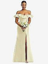 Alt View 2 Thumbnail - Butter Yellow Off-the-Shoulder Ruffle Neck Satin Trumpet Gown