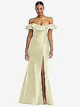 Alt View 3 Thumbnail - Butter Yellow Off-the-Shoulder Ruffle Neck Satin Trumpet Gown