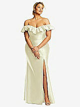 Front View Thumbnail - Butter Yellow Off-the-Shoulder Ruffle Neck Satin Trumpet Gown