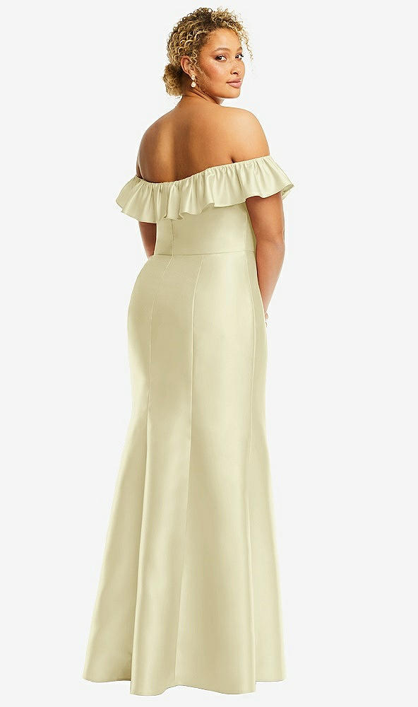 Back View - Butter Yellow Off-the-Shoulder Ruffle Neck Satin Trumpet Gown