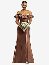 Alt View 2 Thumbnail - Cognac Off-the-Shoulder Ruffle Neck Satin Trumpet Gown