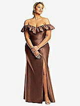 Front View Thumbnail - Cognac Off-the-Shoulder Ruffle Neck Satin Trumpet Gown