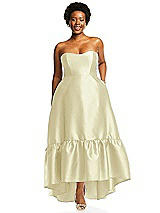 Alt View 1 Thumbnail - Butter Yellow Strapless Deep Ruffle Hem Satin High Low Dress with Pockets