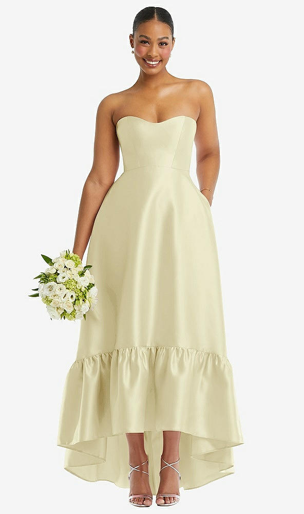 Front View - Butter Yellow Strapless Deep Ruffle Hem Satin High Low Dress with Pockets