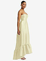 Side View Thumbnail - Butter Yellow Strapless Deep Ruffle Hem Satin High Low Dress with Pockets