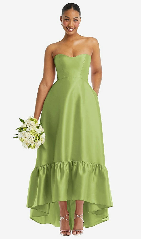 Front View - Mojito Strapless Deep Ruffle Hem Satin High Low Dress with Pockets