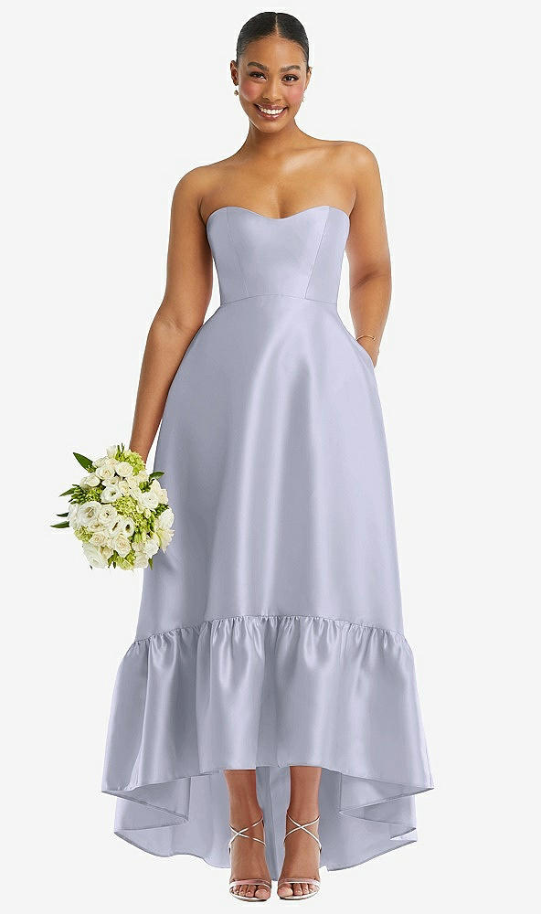 Front View - Silver Dove Strapless Deep Ruffle Hem Satin High Low Dress with Pockets