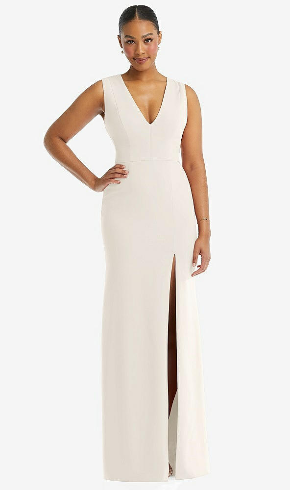 Front View - Ivory Deep V-Neck Closed Back Crepe Trumpet Gown with Front Slit