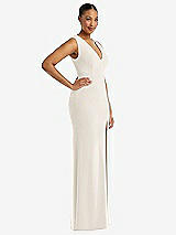 Side View Thumbnail - Ivory Deep V-Neck Closed Back Crepe Trumpet Gown with Front Slit