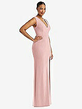 Side View Thumbnail - Rose Deep V-Neck Closed Back Crepe Trumpet Gown with Front Slit