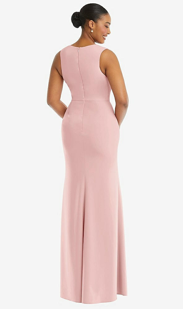 Back View - Rose Deep V-Neck Closed Back Crepe Trumpet Gown with Front Slit