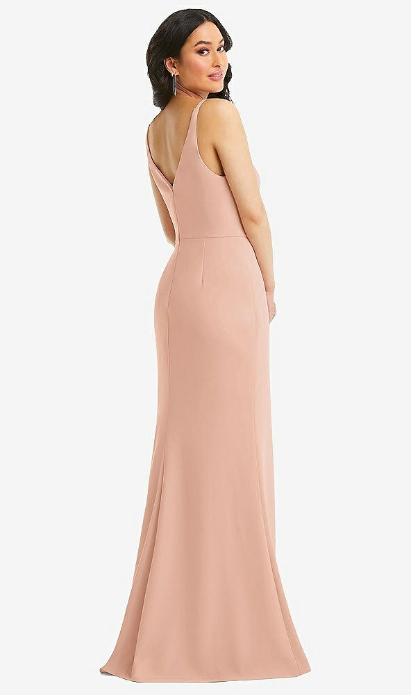 Back View - Pale Peach Skinny Strap Deep V-Neck Crepe Trumpet Gown with Front Slit