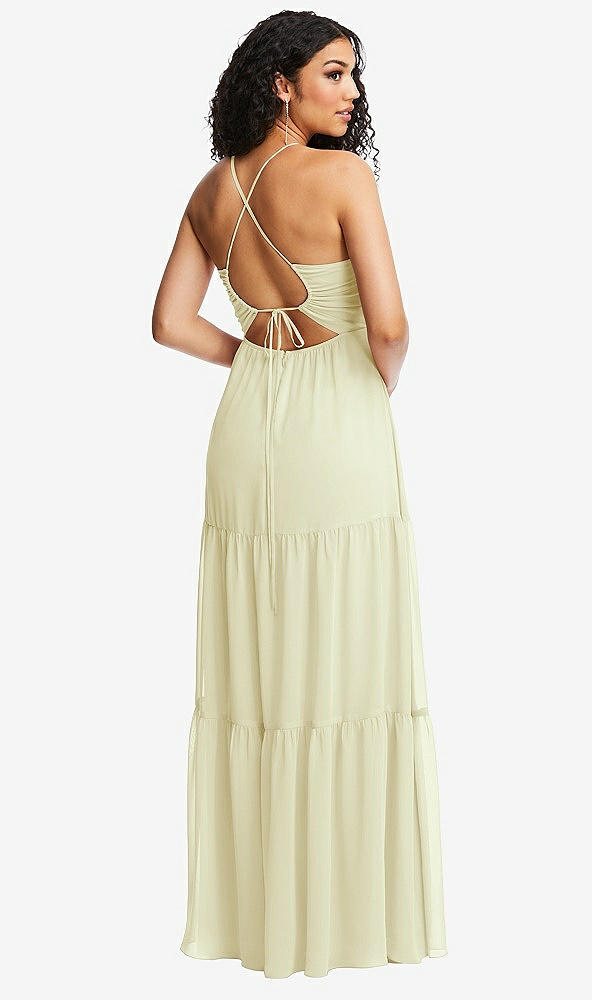 Back View - Butter Yellow Drawstring Bodice Gathered Tie Open-Back Maxi Dress with Tiered Skirt