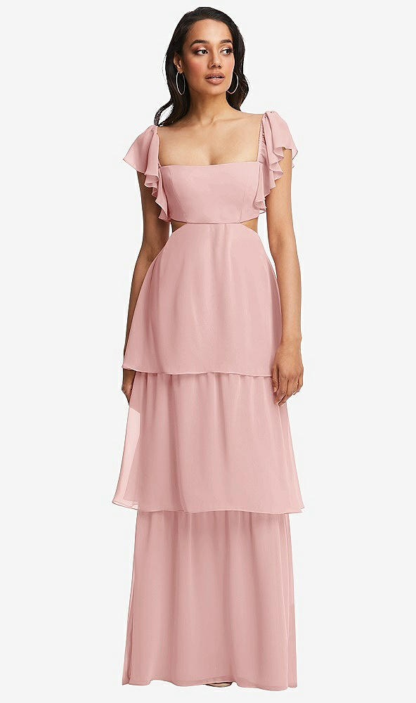 Front View - Rose Flutter Sleeve Cutout Tie-Back Maxi Dress with Tiered Ruffle Skirt