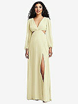Front View Thumbnail - Butter Yellow Long Puff Sleeve Cutout Waist Chiffon Maxi Dress
