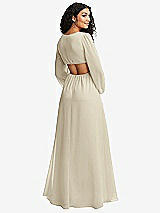 Rear View Thumbnail - Champagne Long Puff Sleeve Cutout Waist Chiffon Maxi Dress