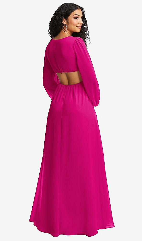 Back View - Think Pink Long Puff Sleeve Cutout Waist Chiffon Maxi Dress