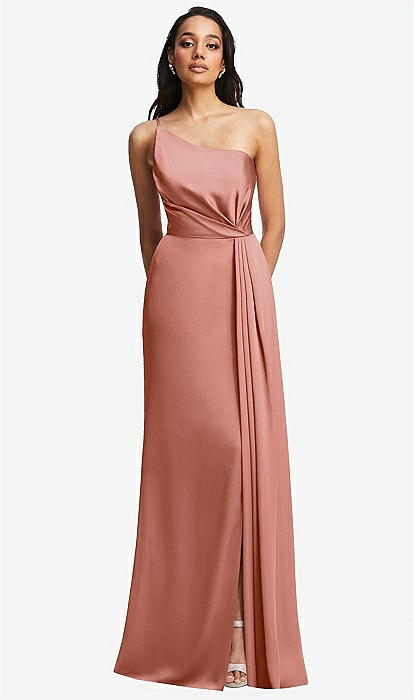 One-shoulder Draped Skirt Satin Trumpet Bridesmaid Dress In Desert