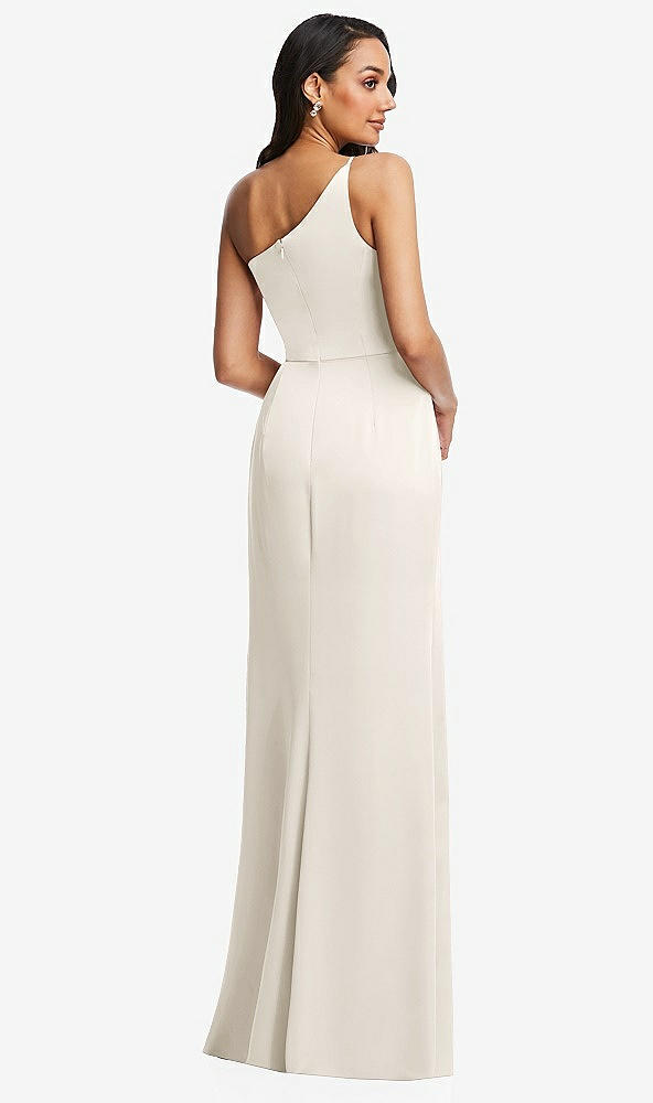 Back View - Ivory One-Shoulder Draped Skirt Satin Trumpet Gown