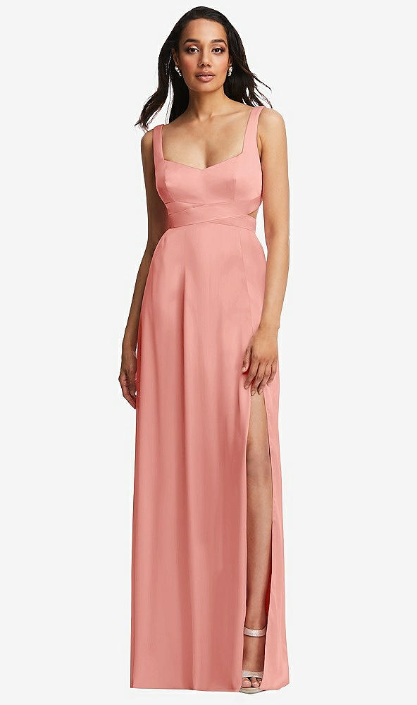 Front View - Rose Open Neck Cross Bodice Cutout  Maxi Dress with Front Slit