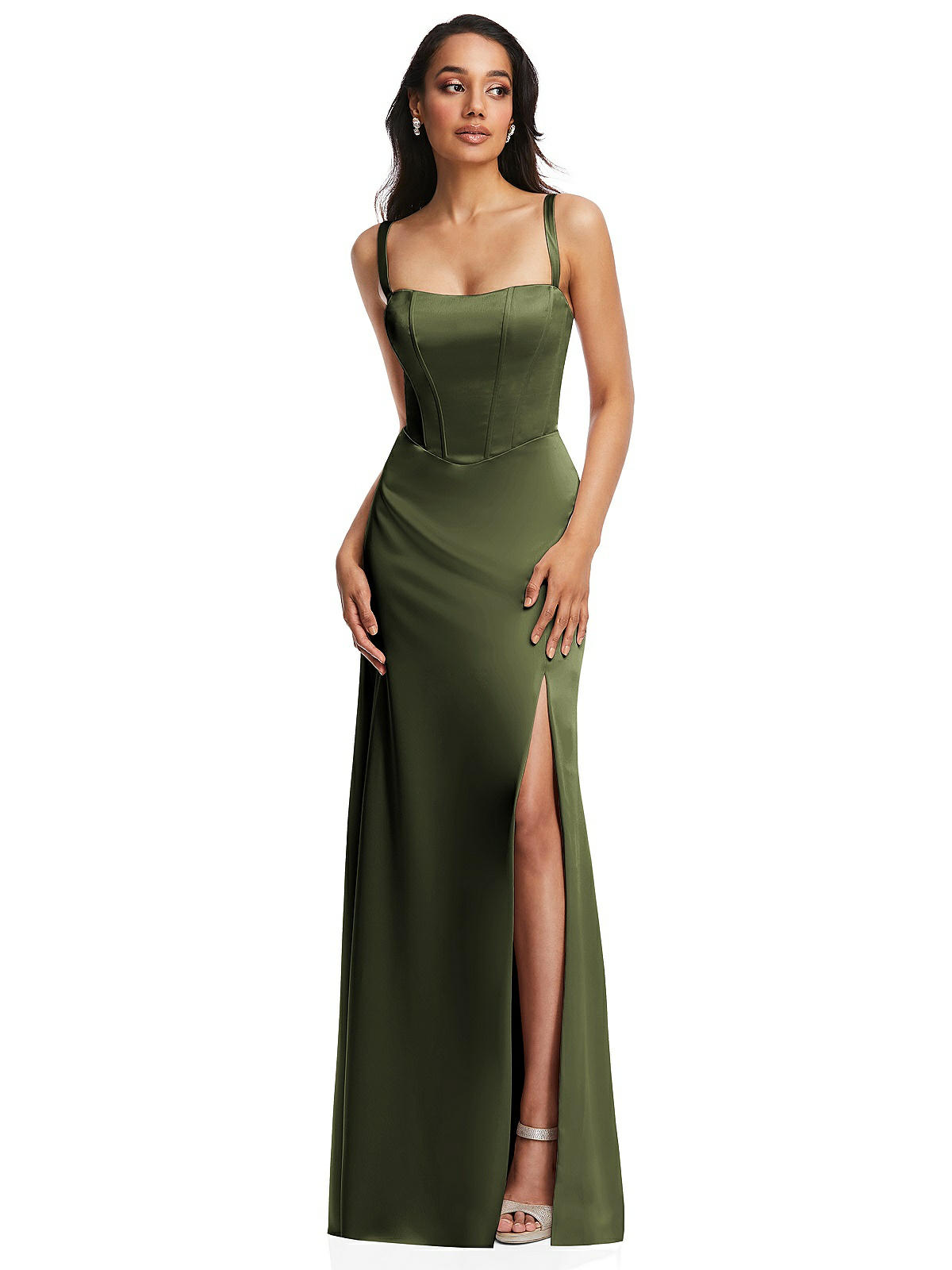 Lace Up Tie-back Corset Maxi Bridesmaid Dress With Front Slit In