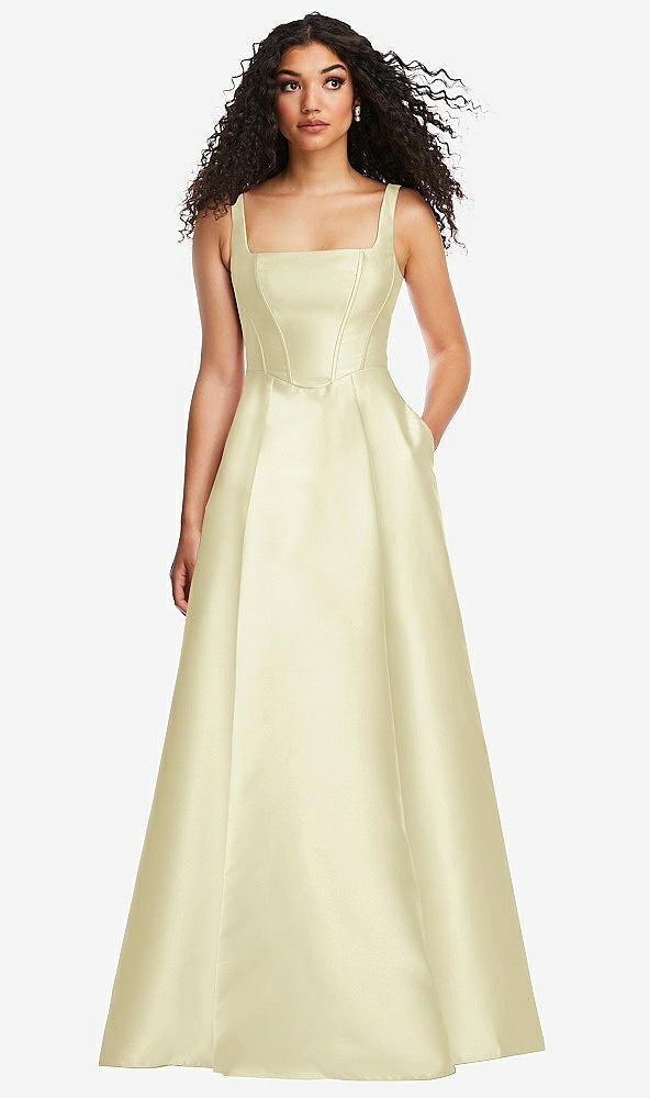 Front View - Butter Yellow Boned Corset Closed-Back Satin Gown with Full Skirt and Pockets