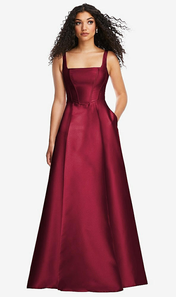 Front View - Burgundy Boned Corset Closed-Back Satin Gown with Full Skirt and Pockets