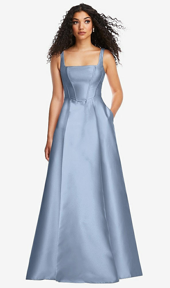 Front View - Cloudy Boned Corset Closed-Back Satin Gown with Full Skirt and Pockets