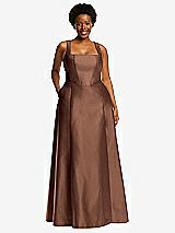 Alt View 1 Thumbnail - Cognac Boned Corset Closed-Back Satin Gown with Full Skirt and Pockets