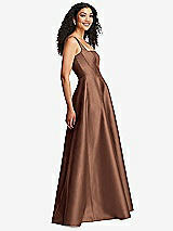 Side View Thumbnail - Cognac Boned Corset Closed-Back Satin Gown with Full Skirt and Pockets
