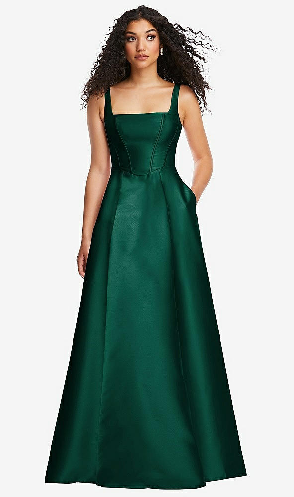 Front View - Hunter Green Boned Corset Closed-Back Satin Gown with Full Skirt and Pockets
