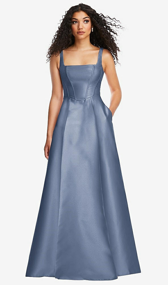 Front View - Larkspur Blue Boned Corset Closed-Back Satin Gown with Full Skirt and Pockets