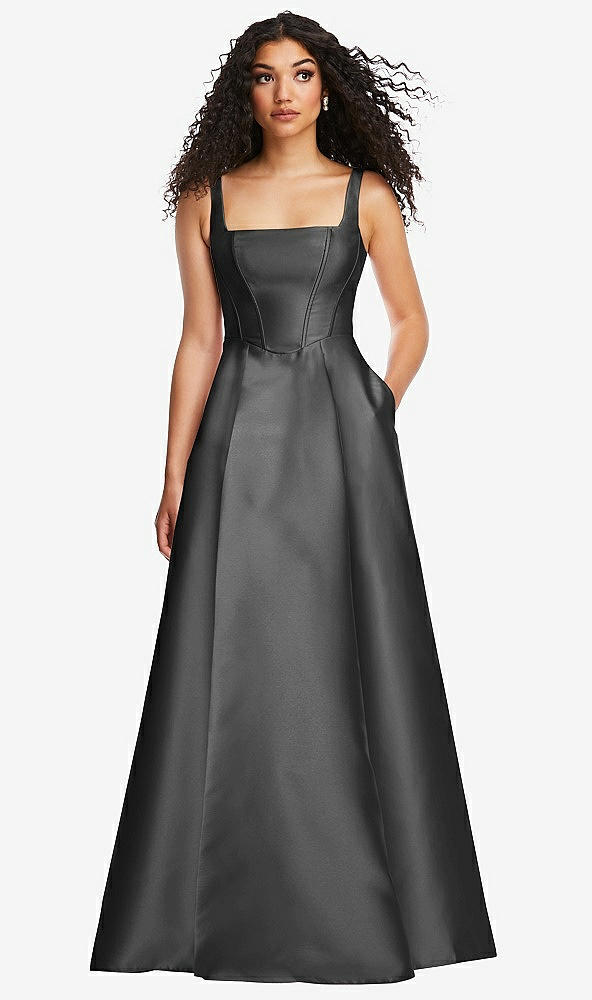 Front View - Pewter Boned Corset Closed-Back Satin Gown with Full Skirt and Pockets