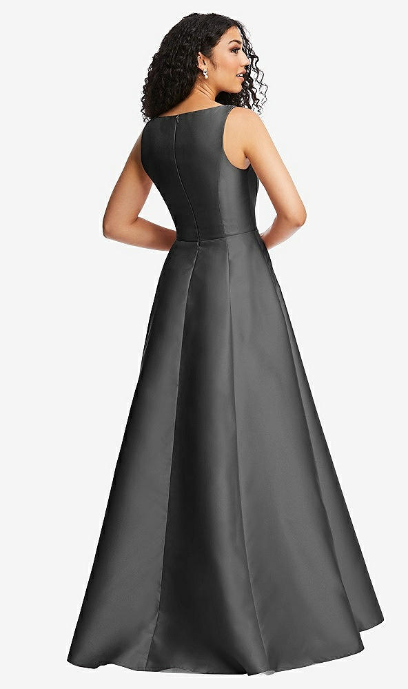 Back View - Pewter Boned Corset Closed-Back Satin Gown with Full Skirt and Pockets