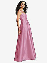 Side View Thumbnail - Powder Pink Boned Corset Closed-Back Satin Gown with Full Skirt and Pockets