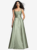 Front View Thumbnail - Sage Boned Corset Closed-Back Satin Gown with Full Skirt and Pockets