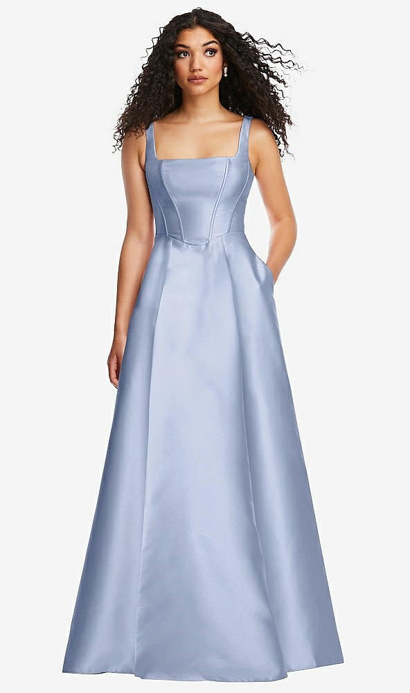 Front View - Sky Blue Boned Corset Closed-Back Satin Gown with Full Skirt and Pockets