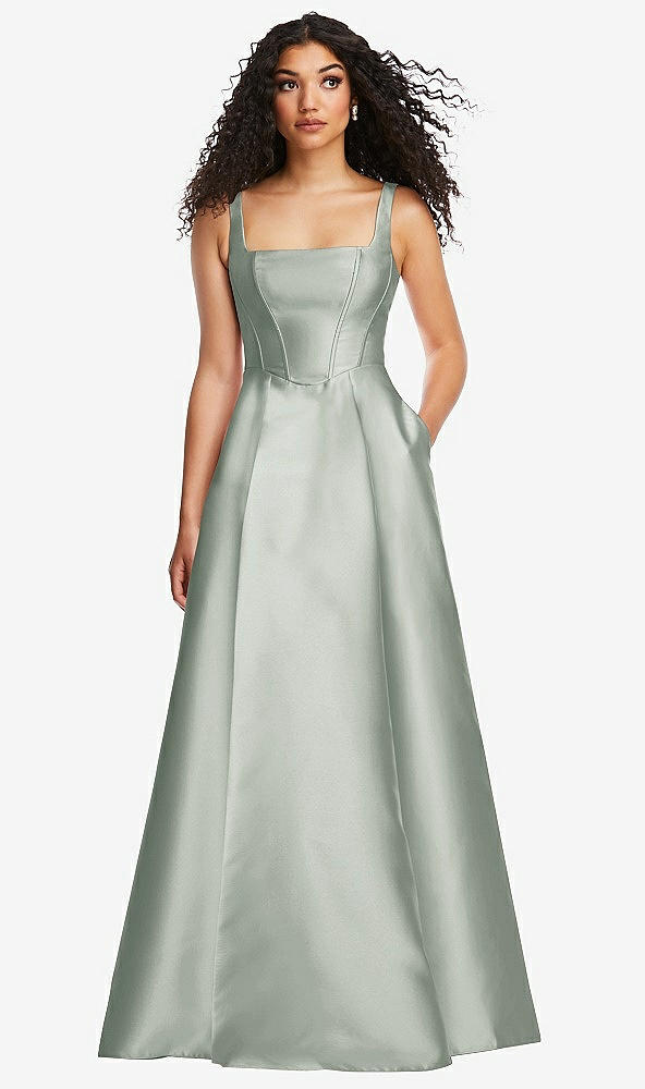 Front View - Willow Green Boned Corset Closed-Back Satin Gown with Full Skirt and Pockets