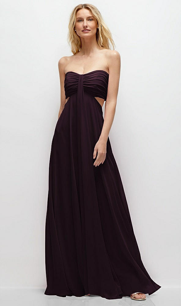 Front View - Deep Plum Strapless Empire Waist Cutout Maxi Dress with Covered Button Detail