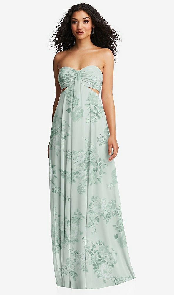 Front View - Mint Green Floral Strapless Empire Waist Cutout Maxi Dress with Covered Button Detail