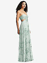 Side View Thumbnail - Mint Green Floral Strapless Empire Waist Cutout Maxi Dress with Covered Button Detail