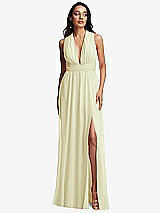 Front View Thumbnail - Butter Yellow Shirred Deep Plunge Neck Closed Back Chiffon Maxi Dress 