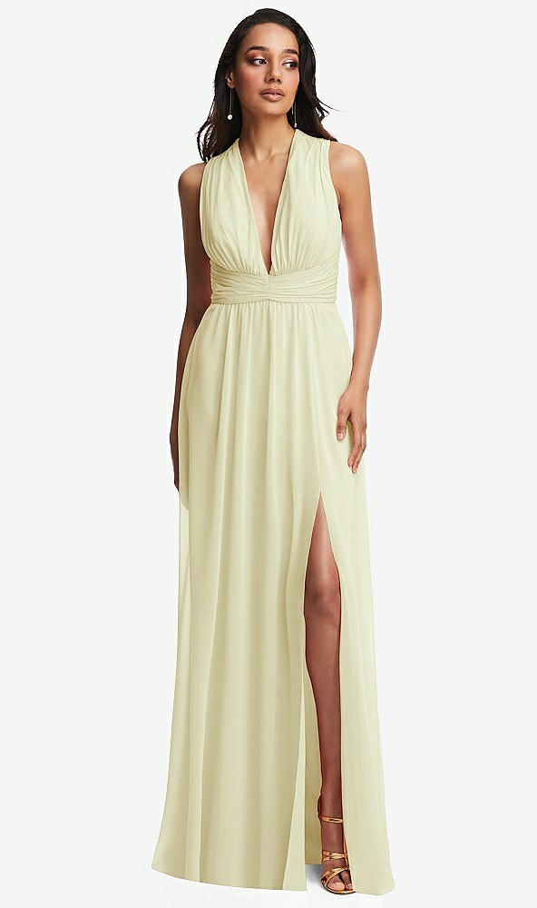 Front View - Butter Yellow Shirred Deep Plunge Neck Closed Back Chiffon Maxi Dress 