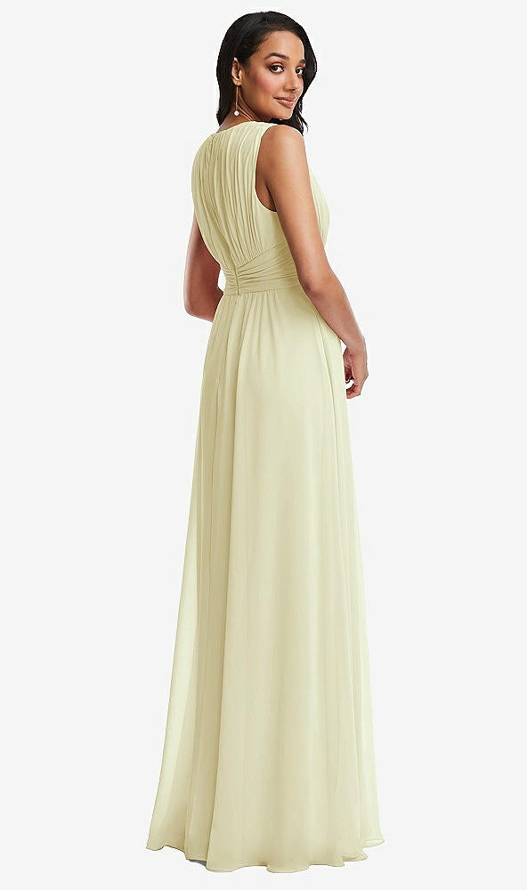 Back View - Butter Yellow Shirred Deep Plunge Neck Closed Back Chiffon Maxi Dress 