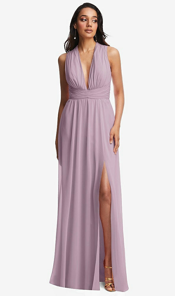 Front View - Suede Rose Shirred Deep Plunge Neck Closed Back Chiffon Maxi Dress