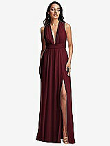 Front View Thumbnail - Cabernet Shirred Deep Plunge Neck Closed Back Chiffon Maxi Dress