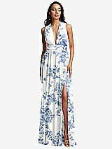Front View Thumbnail - Cottage Rose Dusk Blue Shirred Deep Plunge Neck Closed Back Chiffon Maxi Dress 