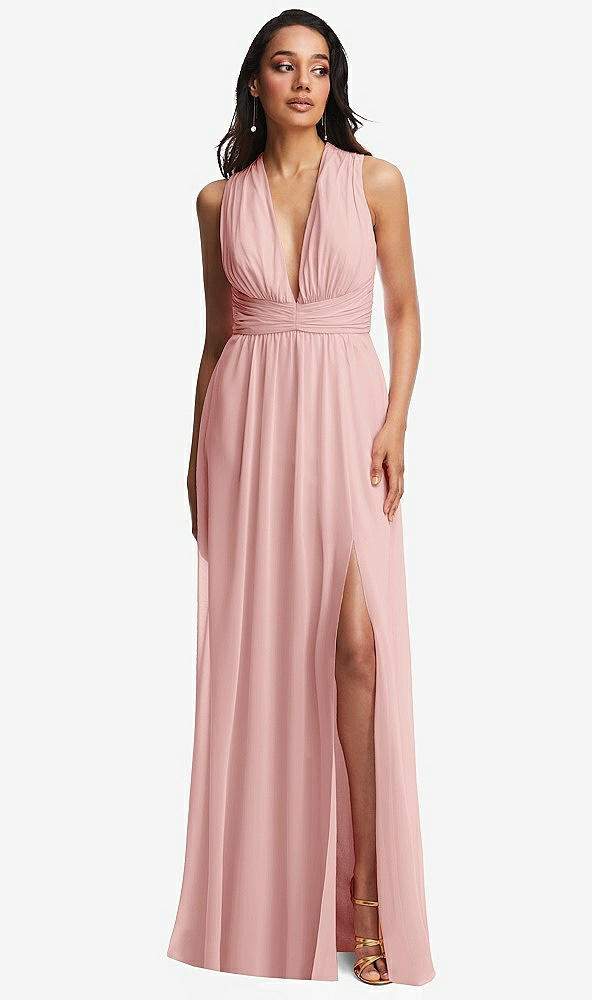 Front View - Rose Shirred Deep Plunge Neck Closed Back Chiffon Maxi Dress 