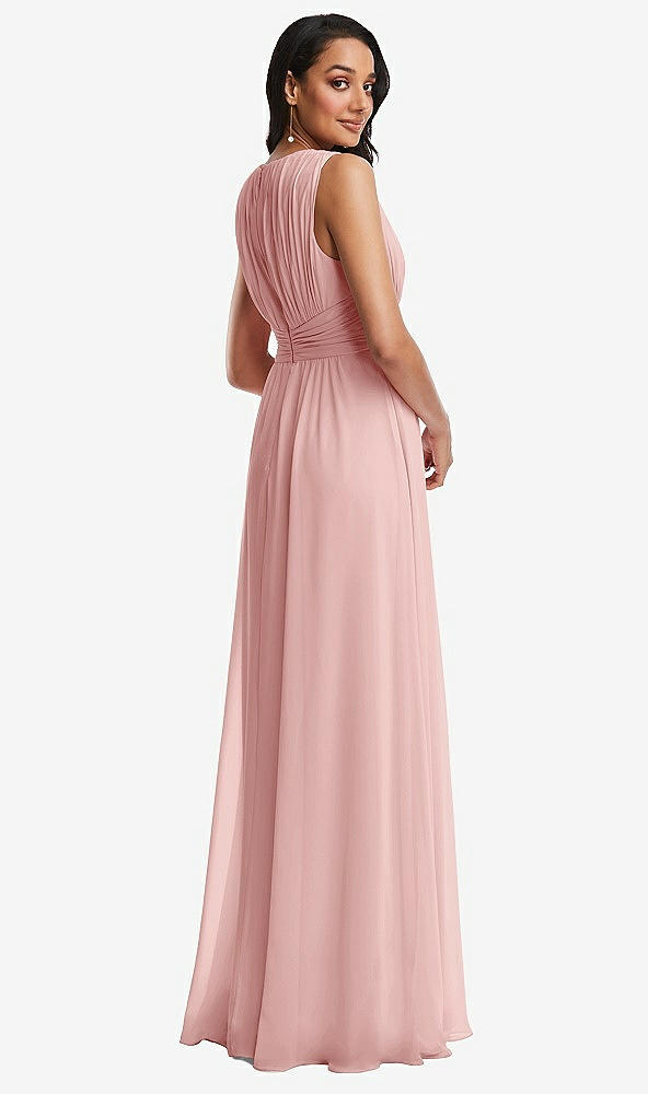 Back View - Rose Shirred Deep Plunge Neck Closed Back Chiffon Maxi Dress 