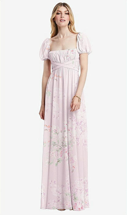 Regency Empire Waist Puff Sleeve Chiffon Maxi Bridesmaid Dress In